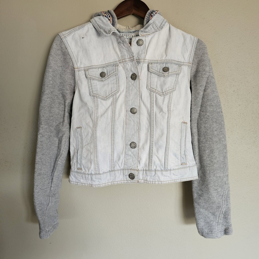 Aeropostale Hooded Denim Jacket Womens L Y2K Aztec‎ Western Grunge Cropped